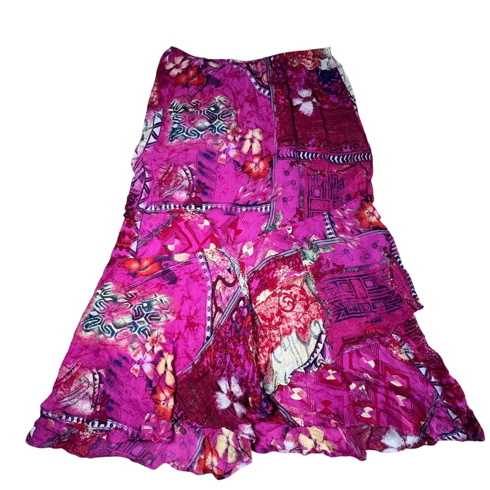 Chico's Silk Maxi Skirt Pink Floral Patchwork Tiered Ruffle Size 1 Cottage Boho